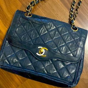 Chanel, vintage, small, dark navy leather, two toned (gold & silver)